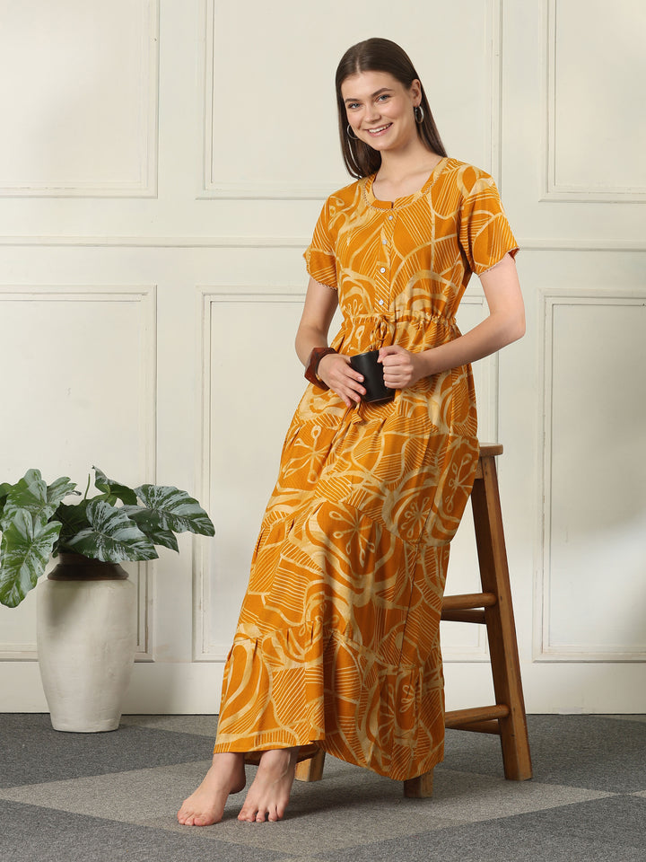 Geometric Frock Style Designer Nighty with Adjustable Waist in Urbane Honey