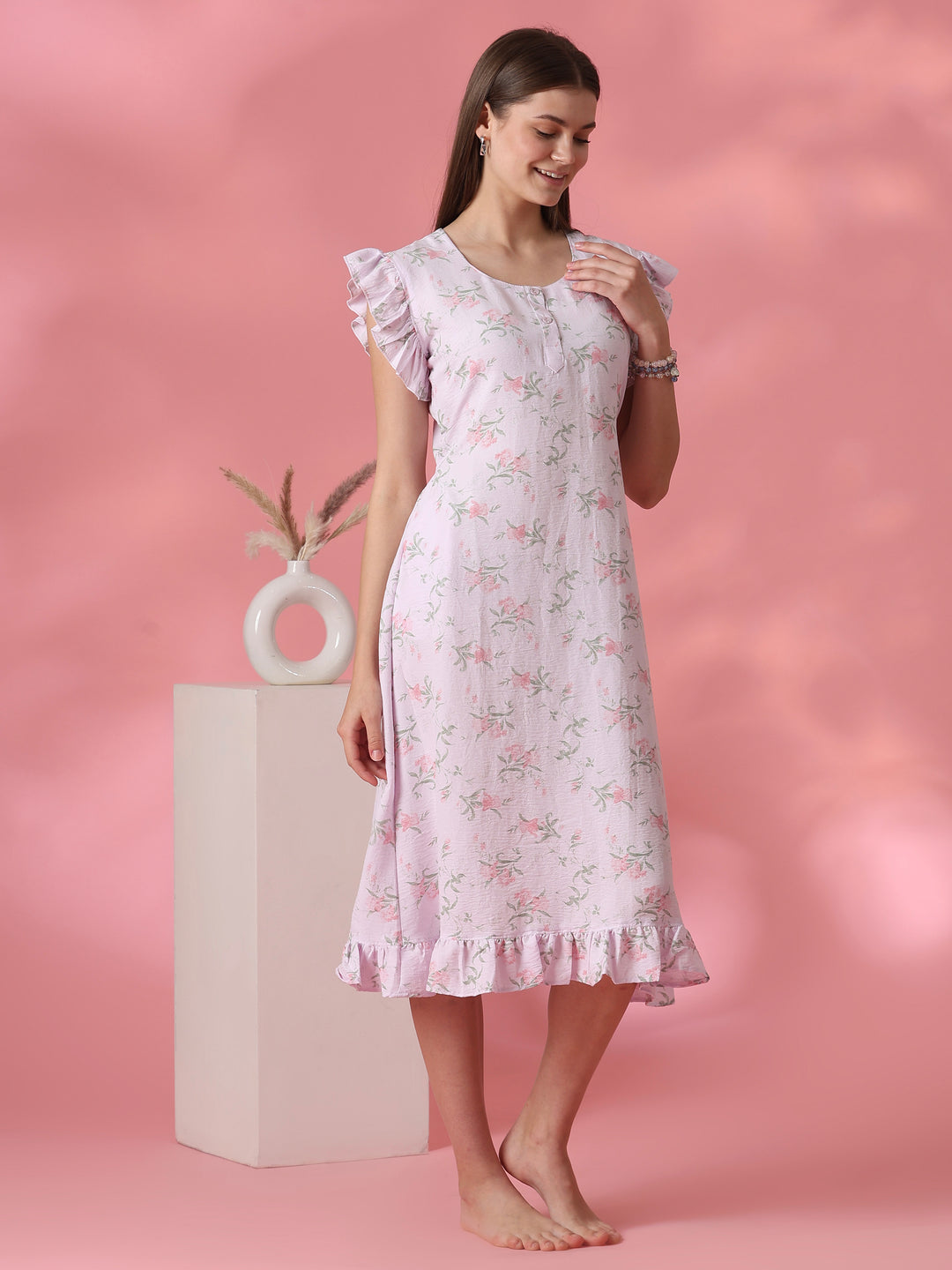 Floral Bamboo Feel Nightdress with Frill Cap Sleeves and Pocket