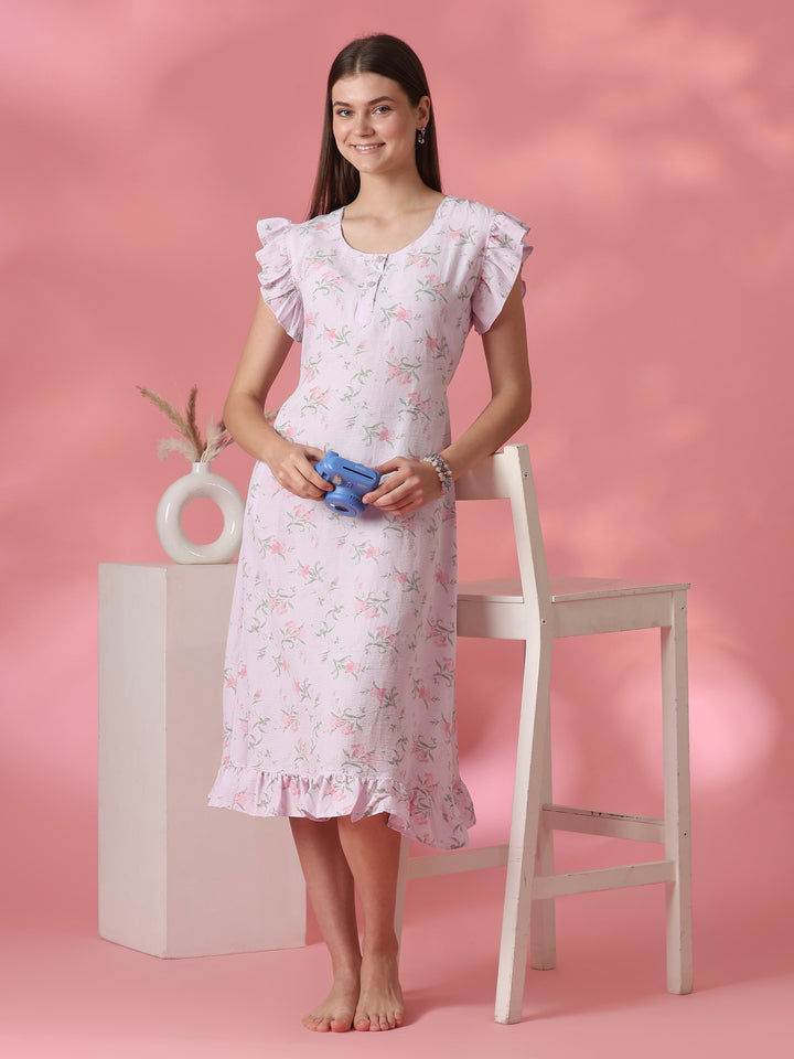 Floral Bamboo Feel Nightdress with Frill Cap Sleeves and Pocket