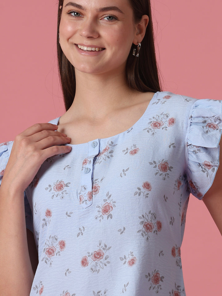 Frill Sleeve Rose Motif Crush Cotton Nighty for Women in Rosy Blue