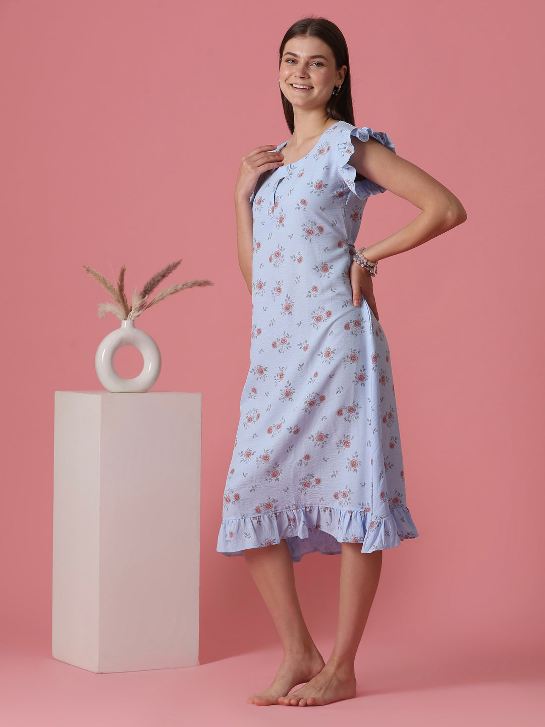 Frill Sleeve Rose Motif Crush Cotton Nighty for Women in Rosy Blue