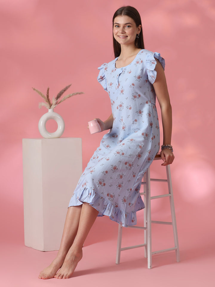 Frill Sleeve Rose Motif Crush Cotton Nighty for Women in Rosy Blue