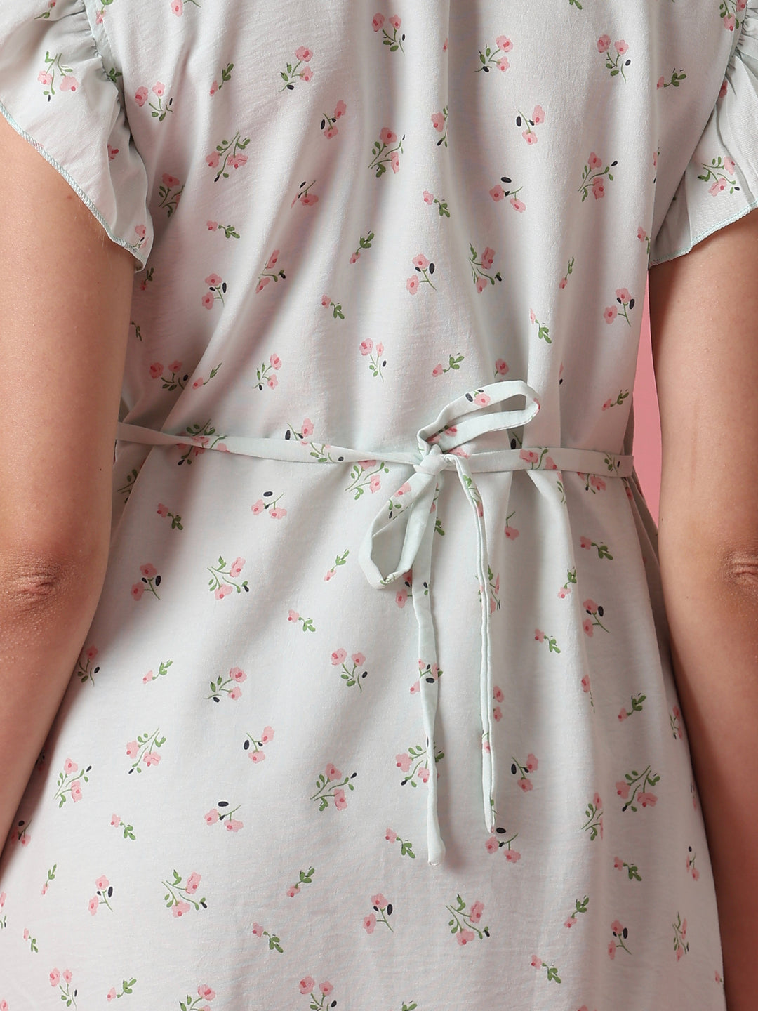 Back Tie Up Floral Crush Cotton Nighty for Women in Pastel Sage