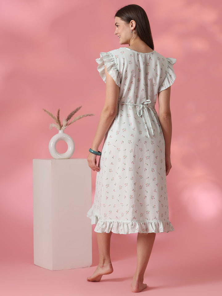 Back Tie Up Floral Crush Cotton Nighty for Women in Pastel Sage