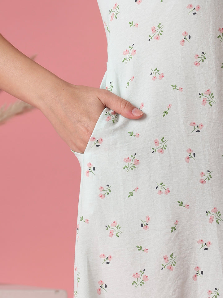Back Tie Up Floral Crush Cotton Nighty for Women in Pastel Sage