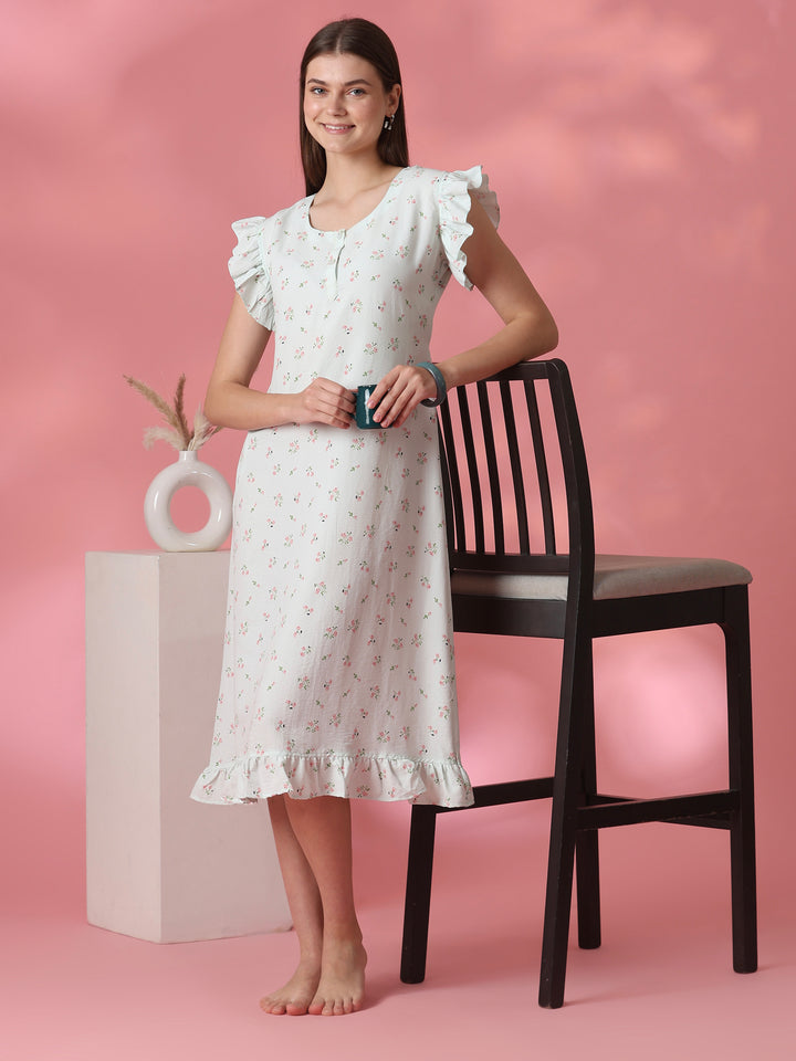 Back Tie Up Floral Crush Cotton Nighty for Women in Pastel Sage