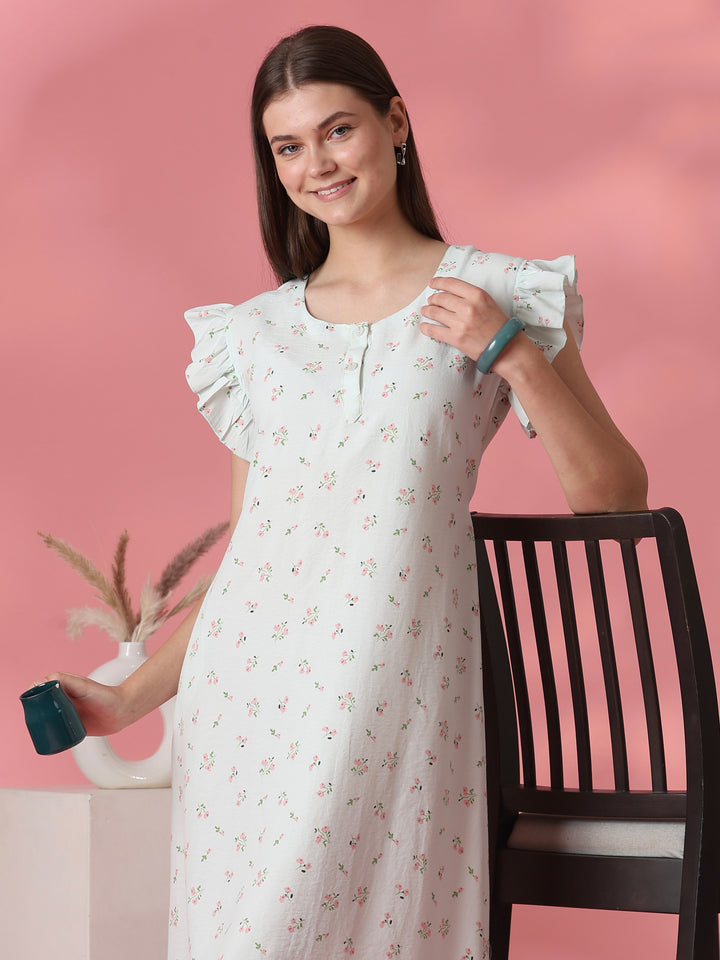 Back Tie Up Floral Crush Cotton Nighty for Women in Pastel Sage
