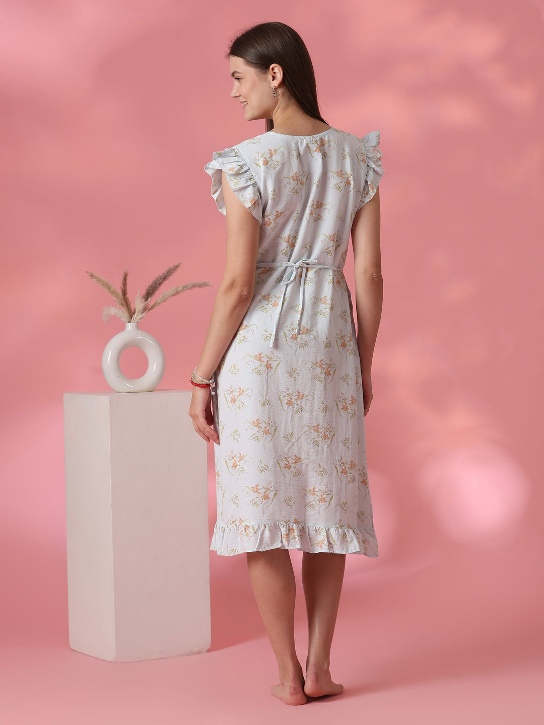 Bamboo Feel Crush Cotton Nightdress with Tie Up Waist in Dreamy Blue