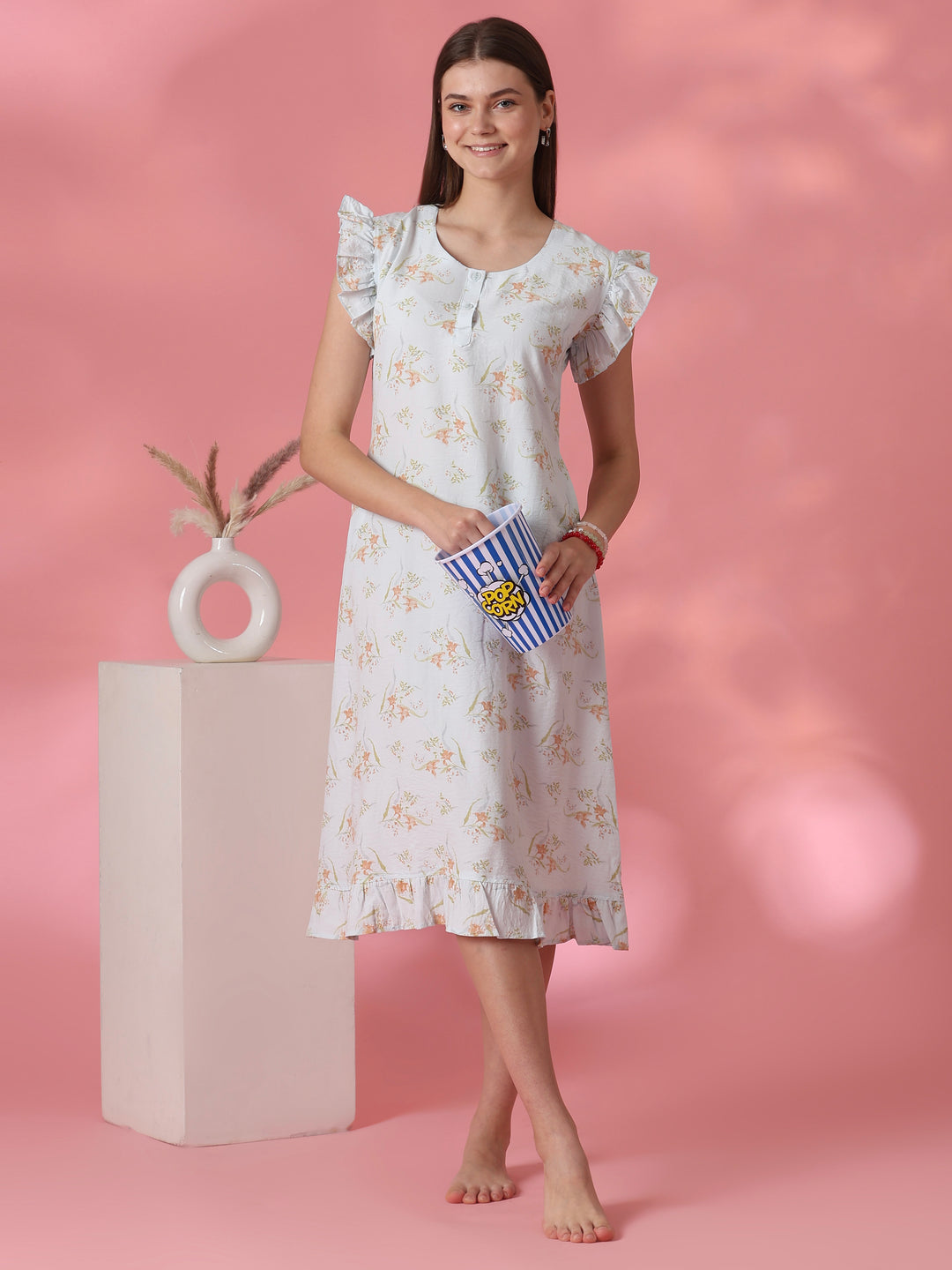 Bamboo Feel Crush Cotton Nightdress with Tie Up Waist in Dreamy Blue