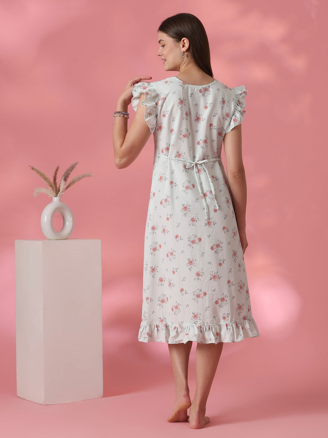 Adjustable Tie Up Waist Floral Nightdress for Women in Rosy Sage