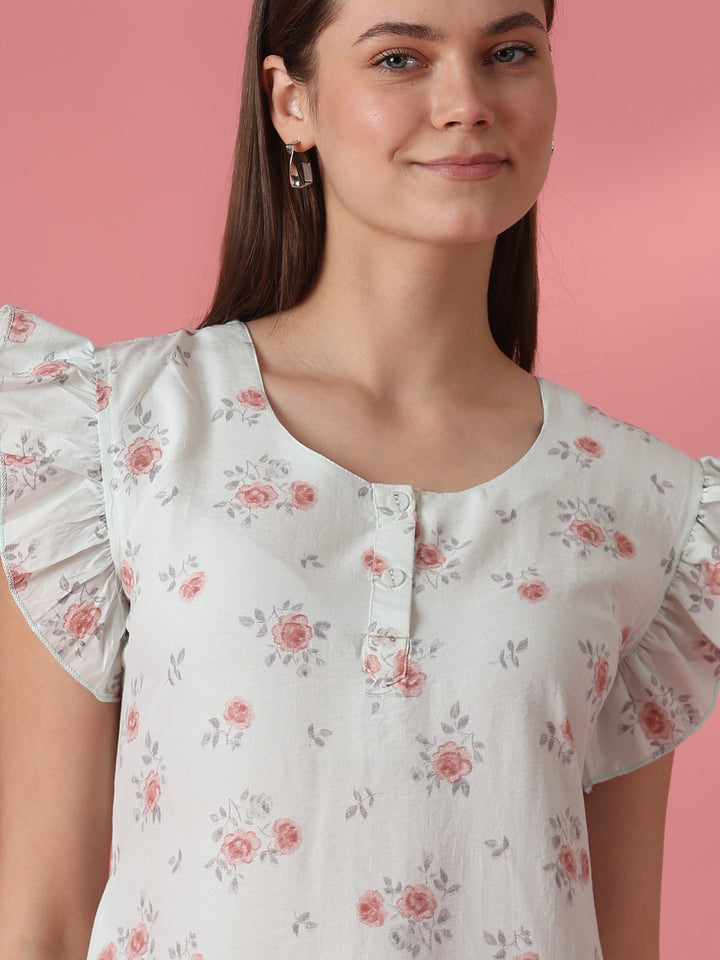 Adjustable Tie Up Waist Floral Nightdress for Women in Rosy Sage