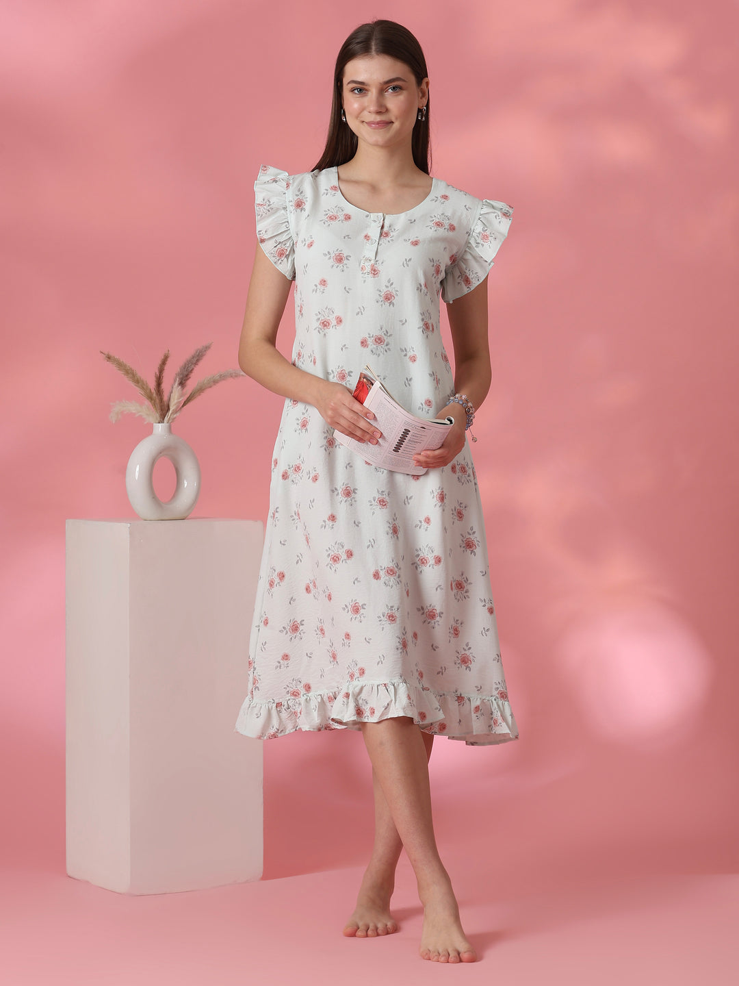 Adjustable Tie Up Waist Floral Nightdress for Women in Rosy Sage
