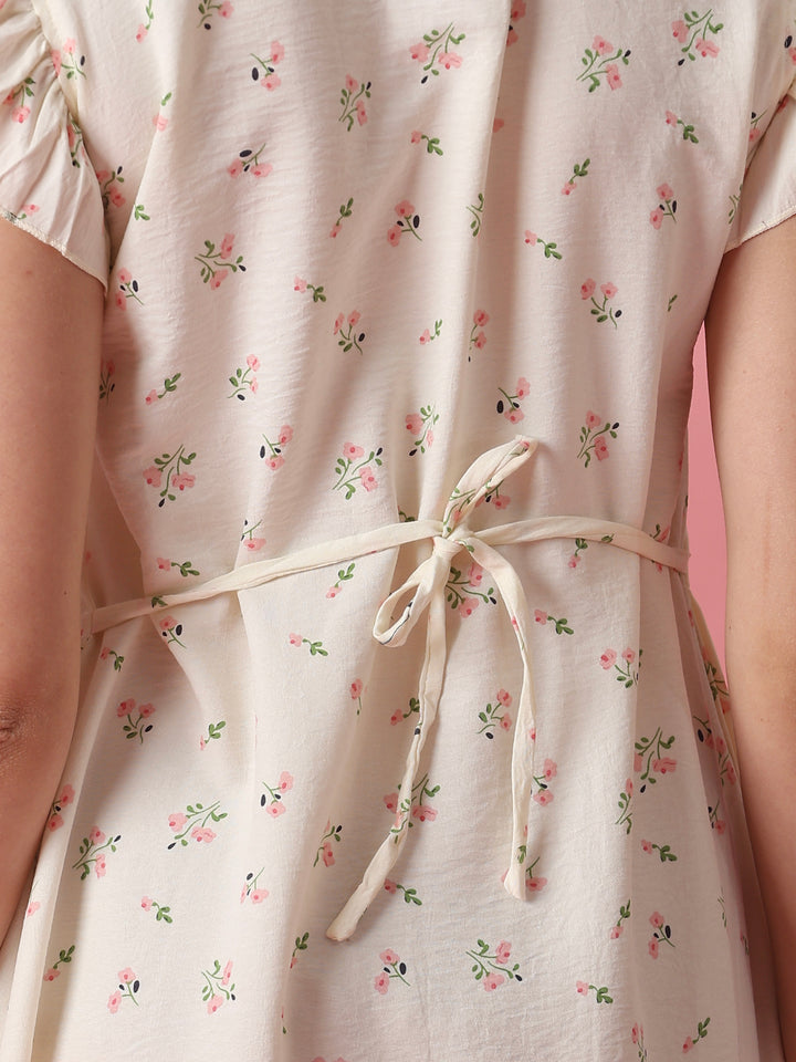 Pocket Detail Floral Short Nighty for Women in Pastel Yellow