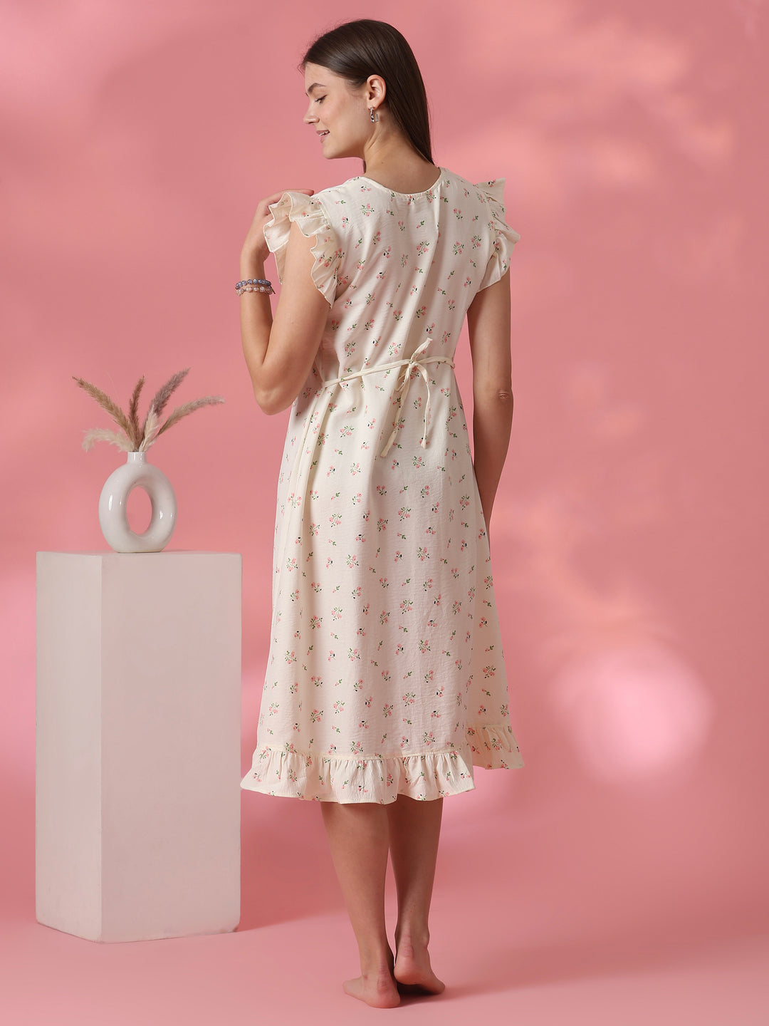 Pocket Detail Floral Short Nighty for Women in Pastel Yellow