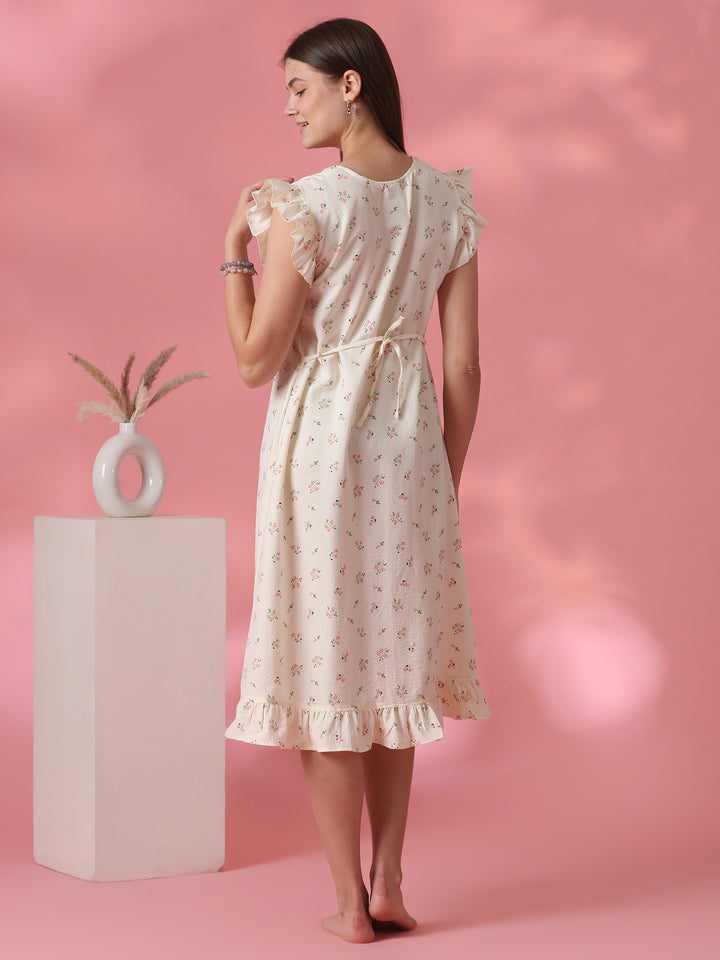 Pocket Detail Floral Short Nighty for Women in Pastel Yellow