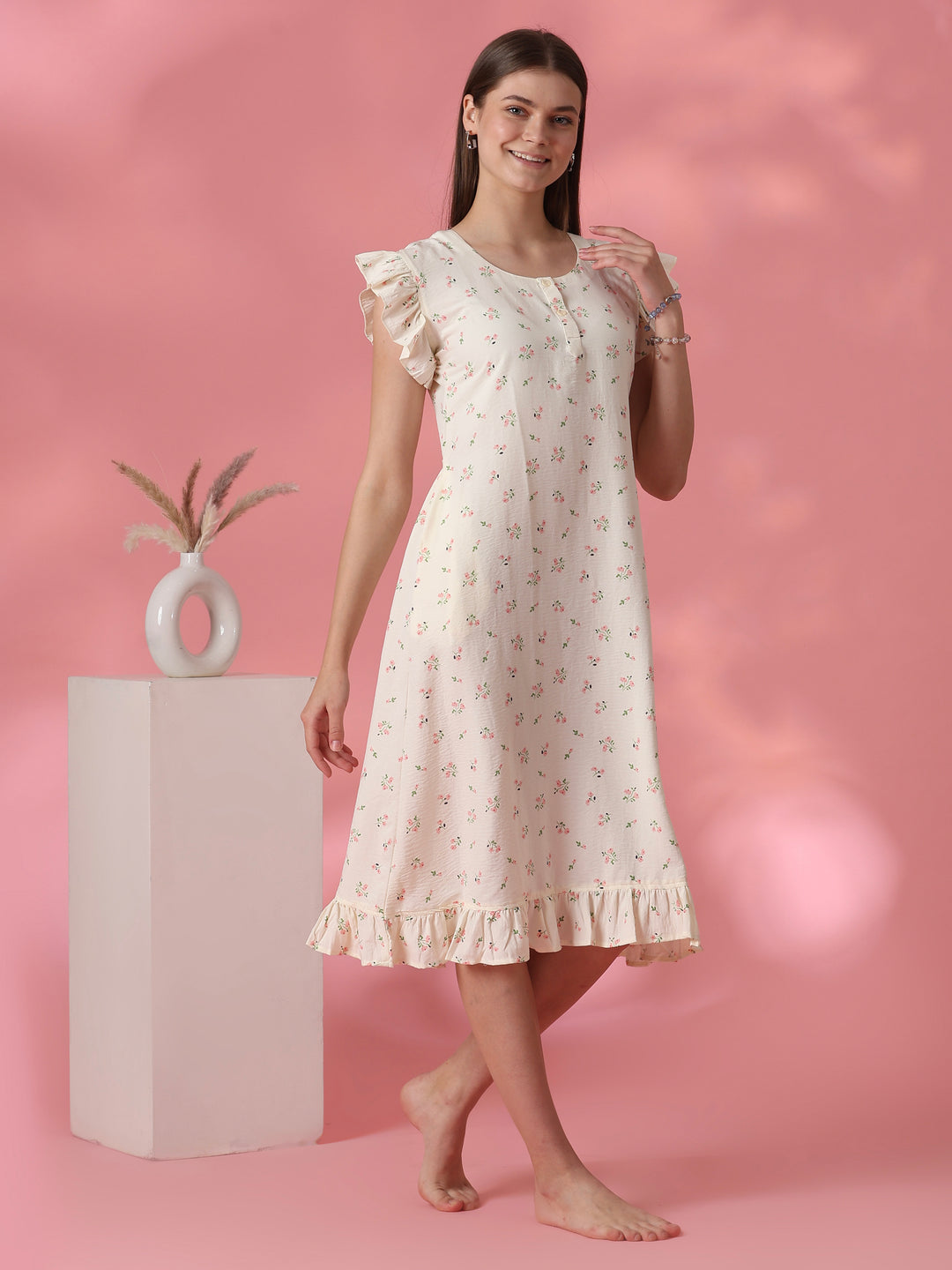Pocket Detail Floral Short Nighty for Women in Pastel Yellow