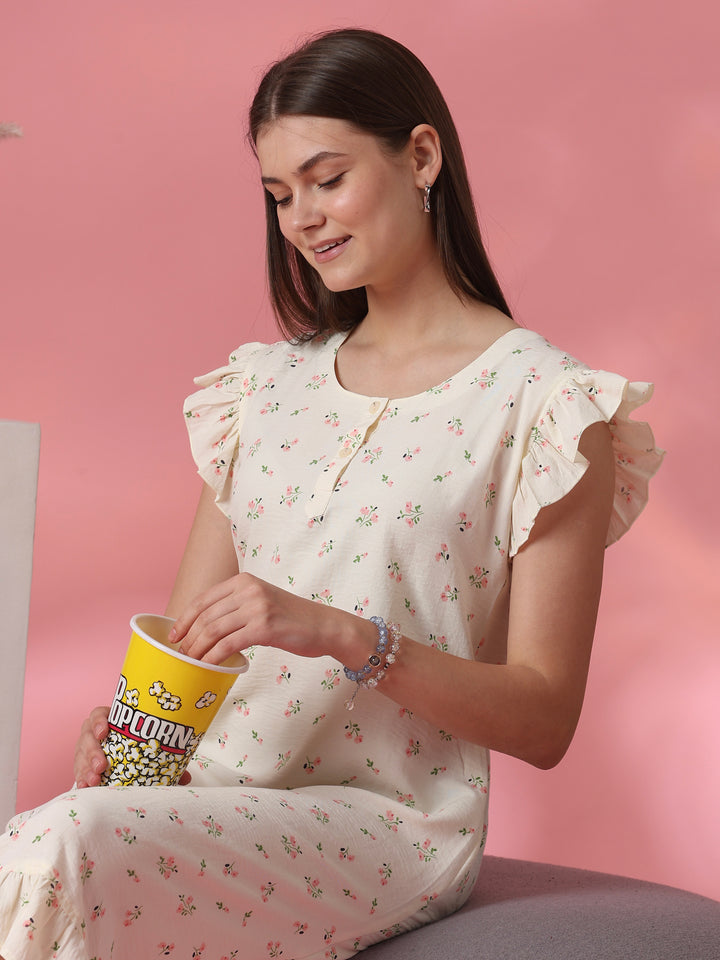 Pocket Detail Floral Short Nighty for Women in Pastel Yellow