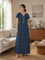 Teal Blue Hosiery Cotton Nighty For Women with Embroidered Neckline