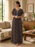 Coffee Brown Hosiery Cotton Nighty Dress with Floral Print