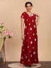 Maroon Floral Rayon Nighty with Zip and Embroidery Detailing