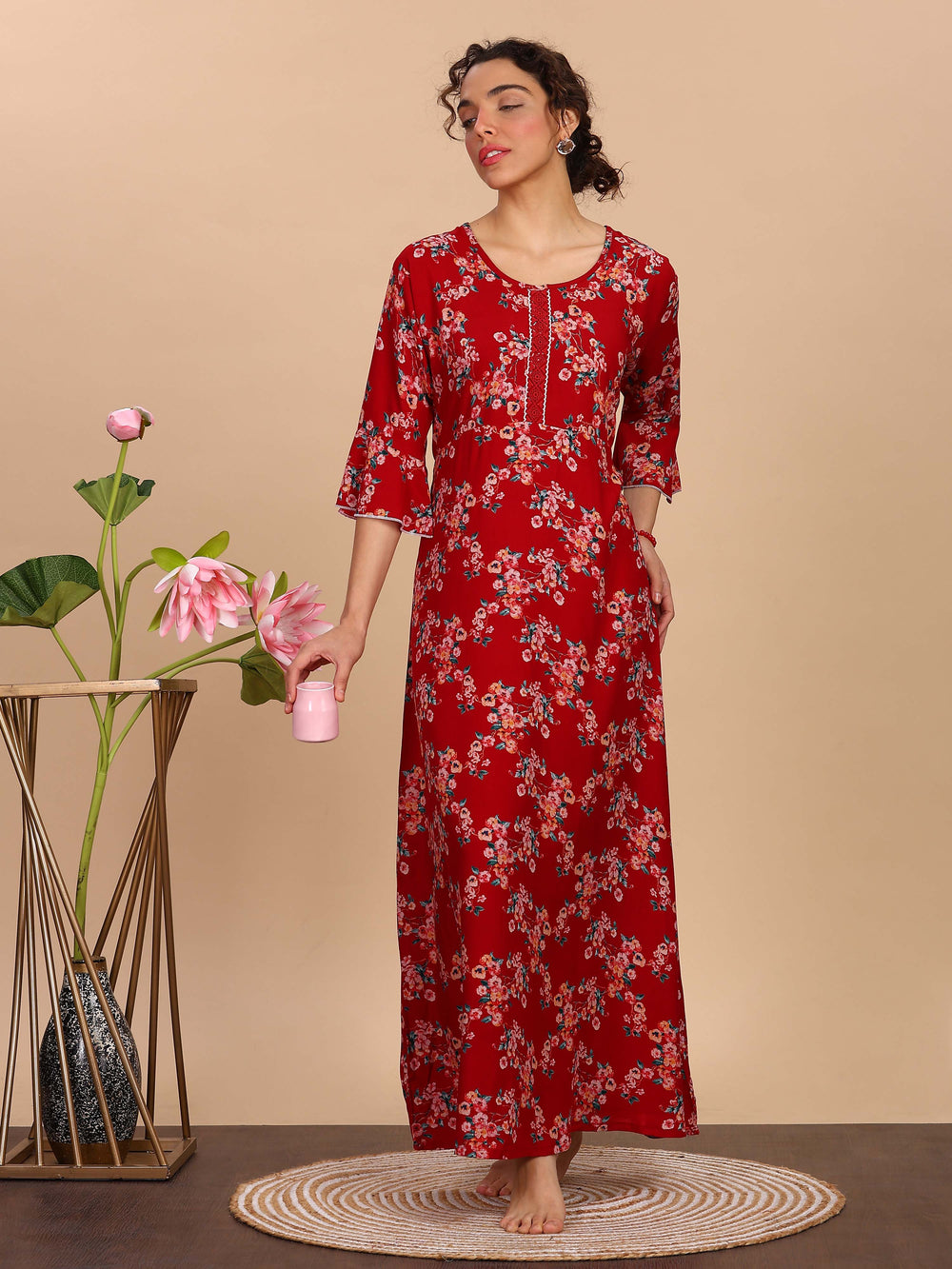 Red Floral Rayon Nightdress For Women