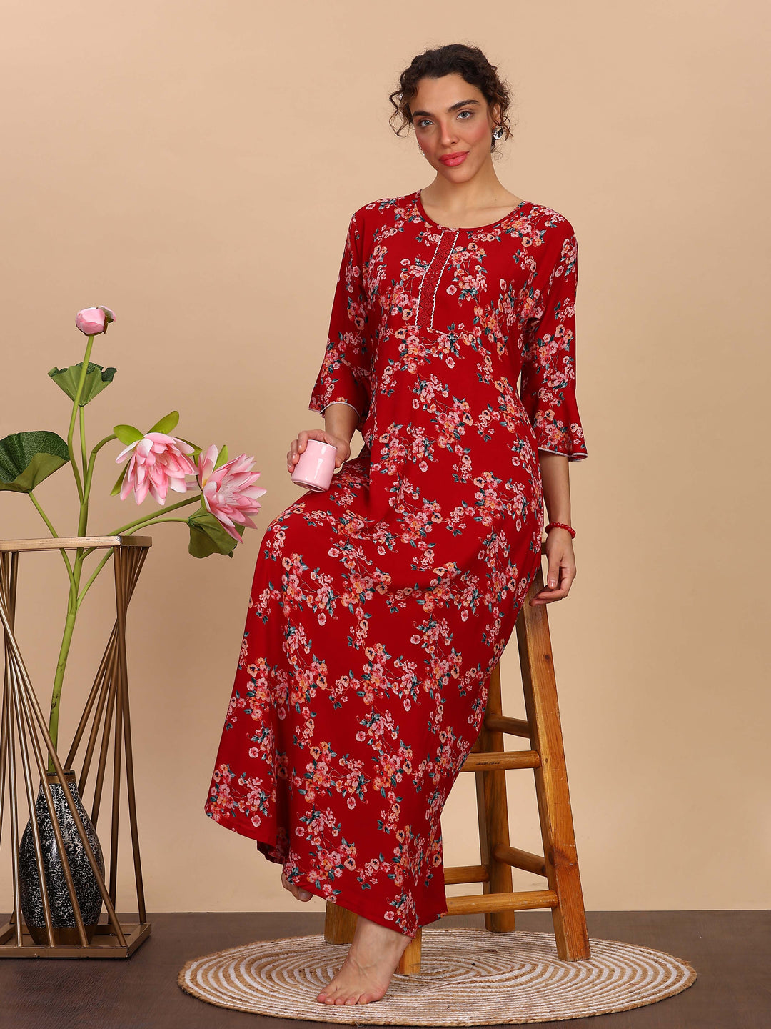 Buy Red Floral Rayon Night dress For Women Online In India Rayon / L/42 Buy Red Floral Rayon Night dress For Women Online In India Rayon / L/42