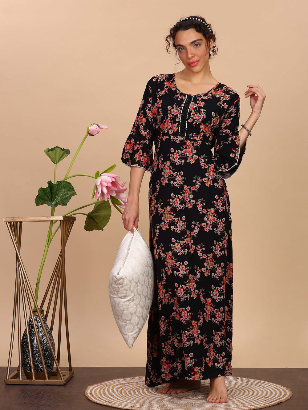 Elegant Floral Print Black Nighty For Women