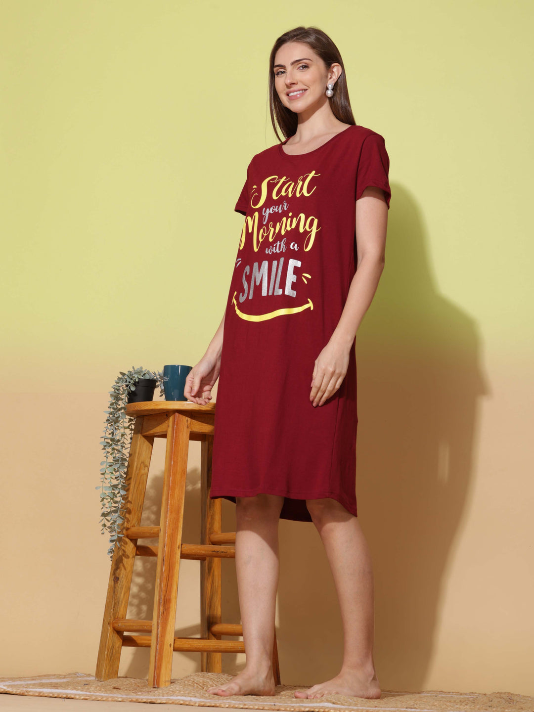 Soft Cotton Ruby Red Printed Short Nightdress for Women