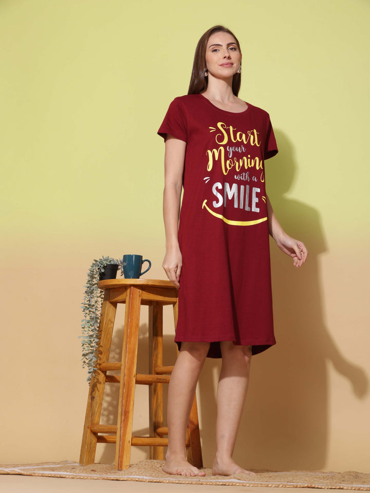 Soft Cotton Ruby Red Printed Short Nightdress for Women