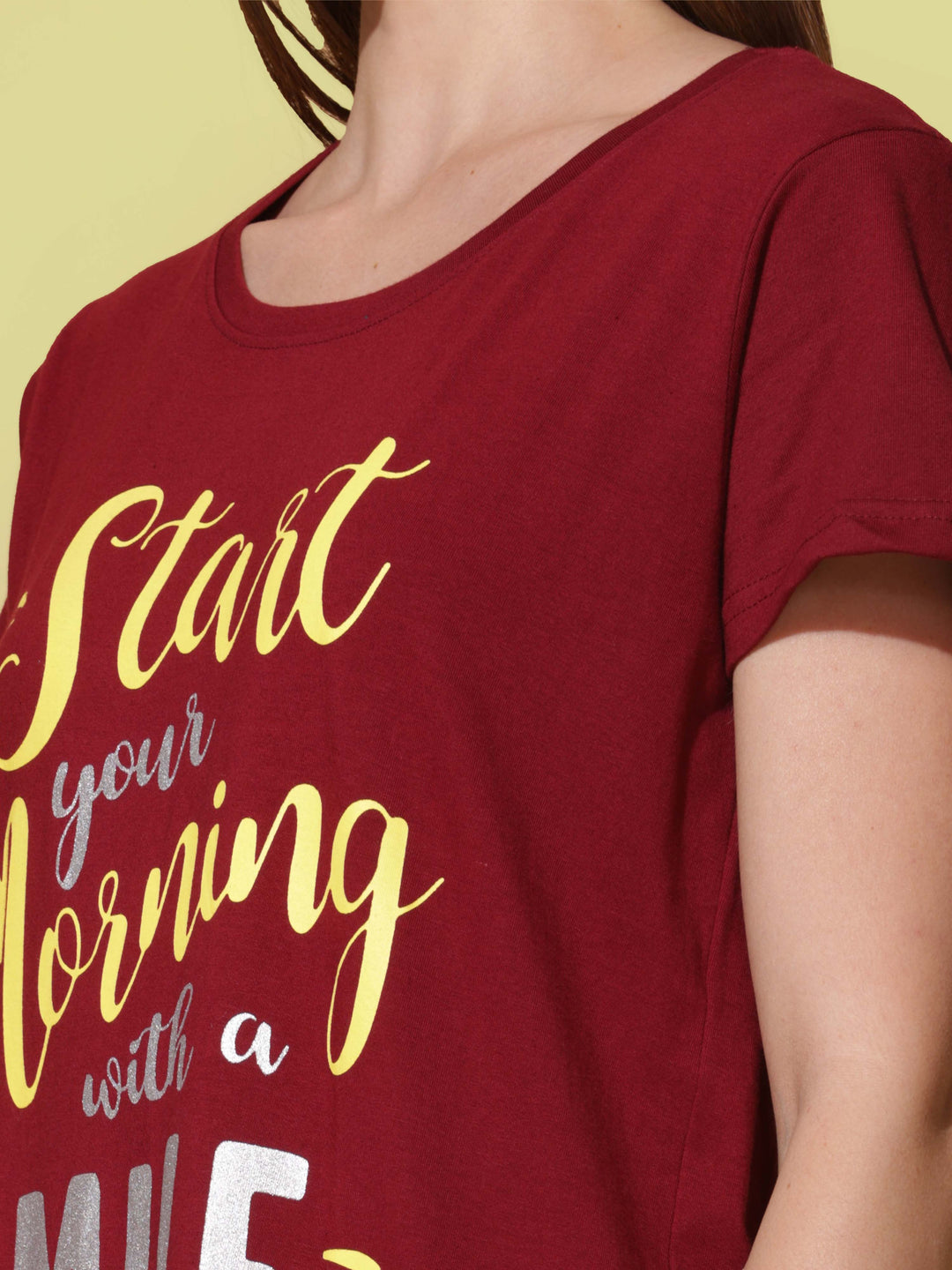 Soft Cotton Ruby Red Printed Short Nightdress for Women