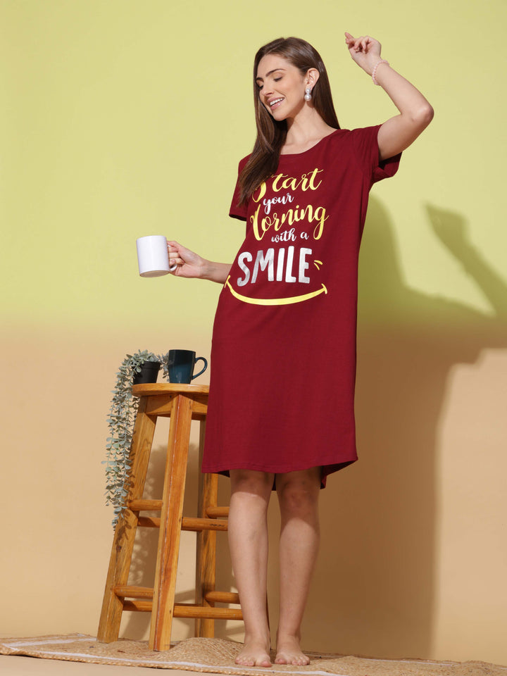 Soft Cotton Ruby Red Printed Short Nightdress for Women