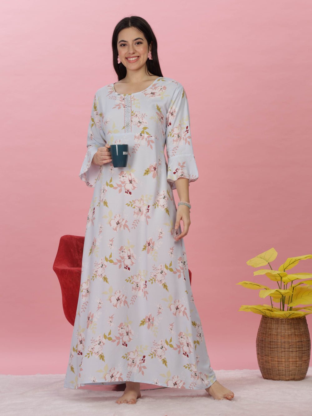  Rayon Designer Nighty  Purchase Sky Blue Printed Rayon Nightdress for Women- 9shines label 