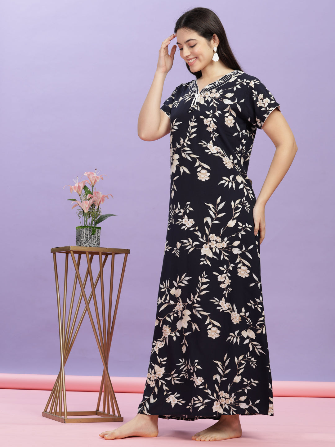  Rayon Designer Nighty  Shop Floral Print Dark Blue Rayon Maxi Nightdress Online- 9shines label 
