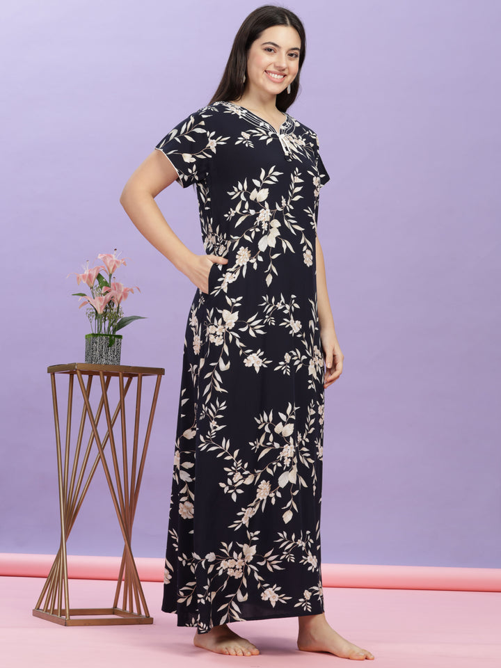  Rayon Designer Nighty  Shop Floral Print Dark Blue Rayon Maxi Nightdress Online- 9shines label 