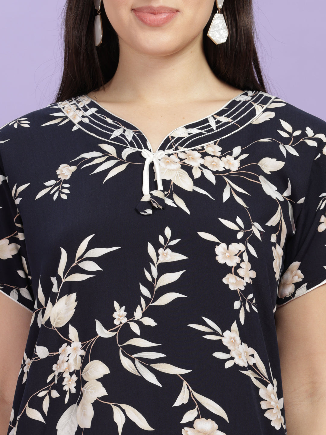  Rayon Designer Nighty  Shop Floral Print Dark Blue Rayon Maxi Nightdress Online- 9shines label 