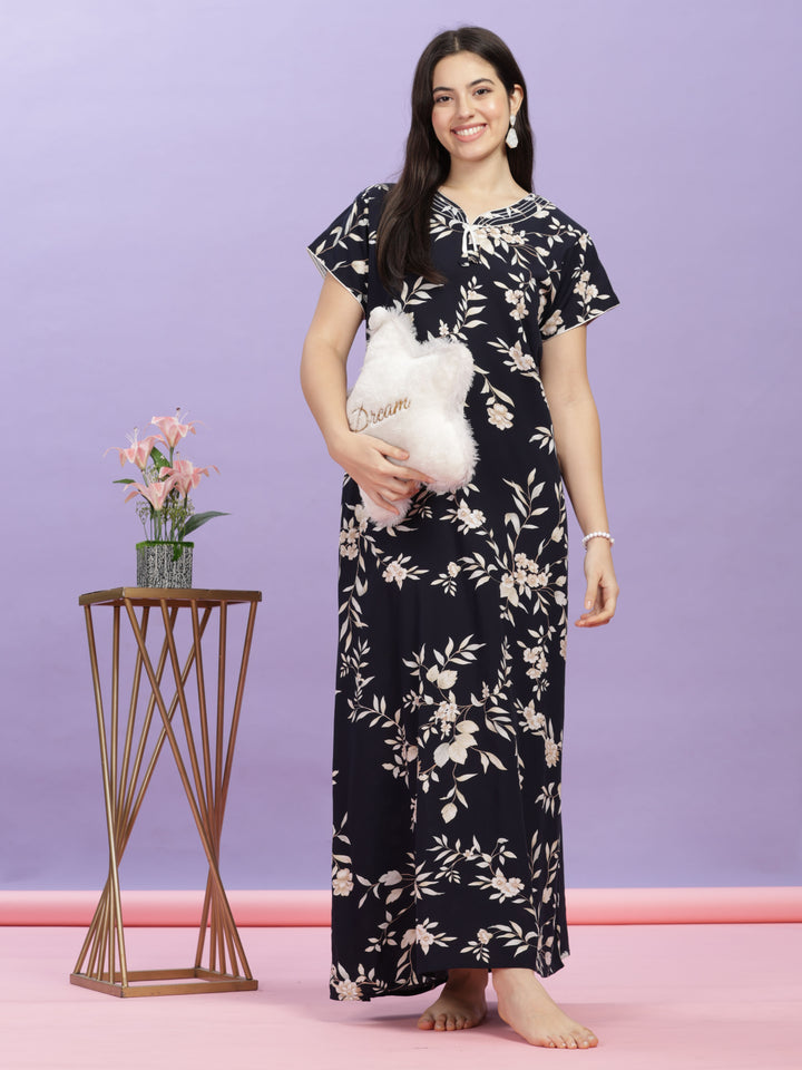  Rayon Designer Nighty  Shop Floral Print Dark Blue Rayon Maxi Nightdress Online- 9shines label 