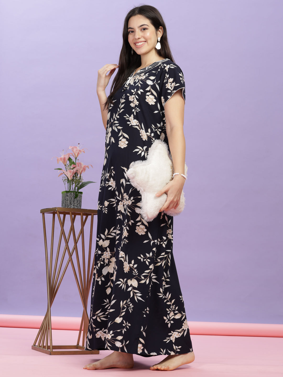  Rayon Designer Nighty  Shop Floral Print Dark Blue Rayon Maxi Nightdress Online- 9shines label 