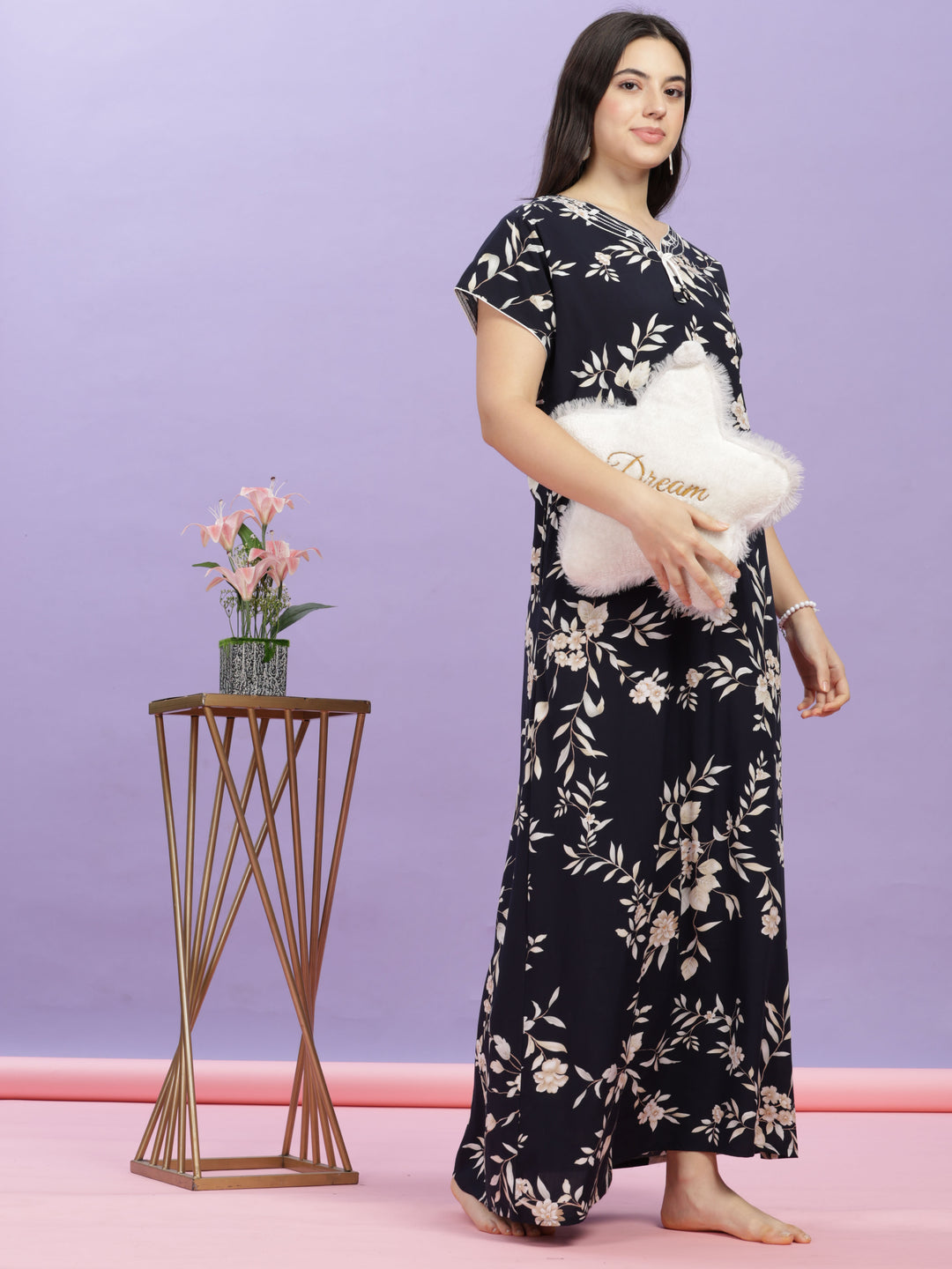  Rayon Designer Nighty  Shop Floral Print Dark Blue Rayon Maxi Nightdress Online- 9shines label 