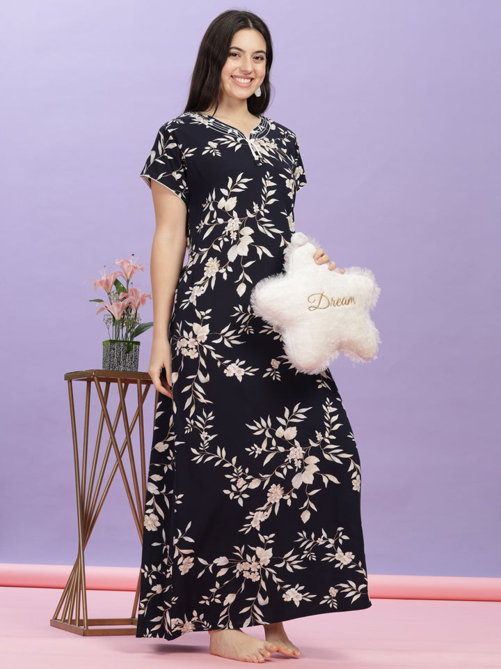  Rayon Designer Nighty  Shop Floral Print Dark Blue Rayon Maxi Nightdress Online- 9shines label 