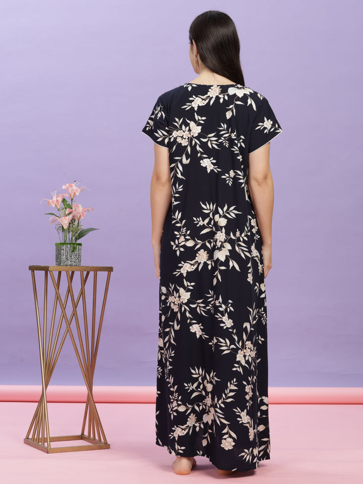  Rayon Designer Nighty  Shop Floral Print Dark Blue Rayon Maxi Nightdress Online- 9shines label 