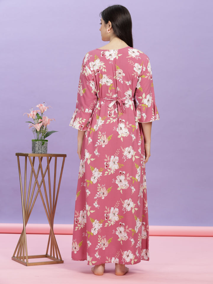 Pink Floral Rayon Designer Nighty for Women Online