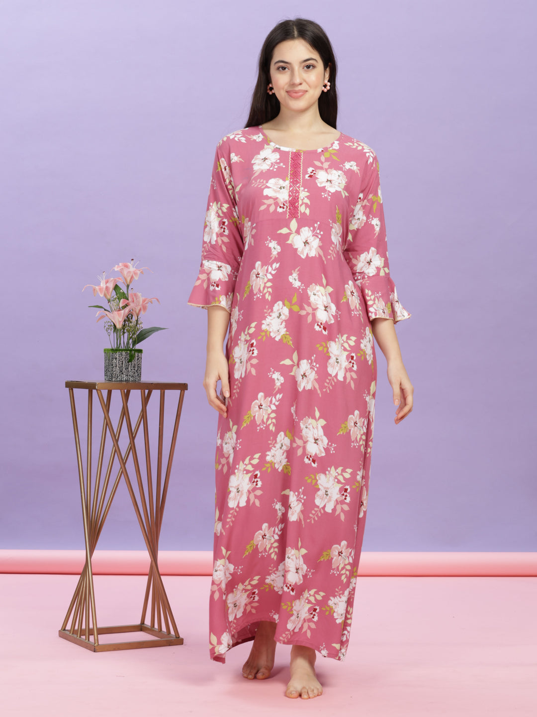 Pink Floral Rayon Designer Nighty for Women Online