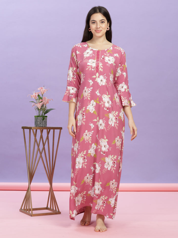 Pink Floral Rayon Designer Nighty for Women Online
