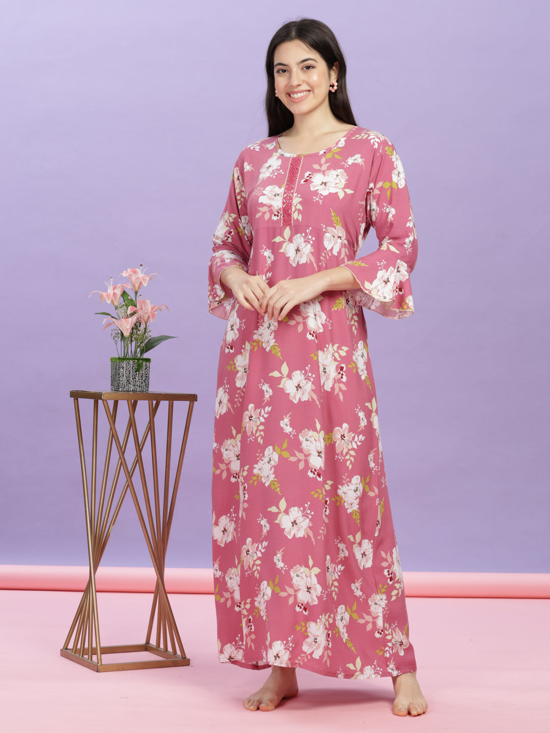 Pink Floral Rayon Designer Nighty for Women Online