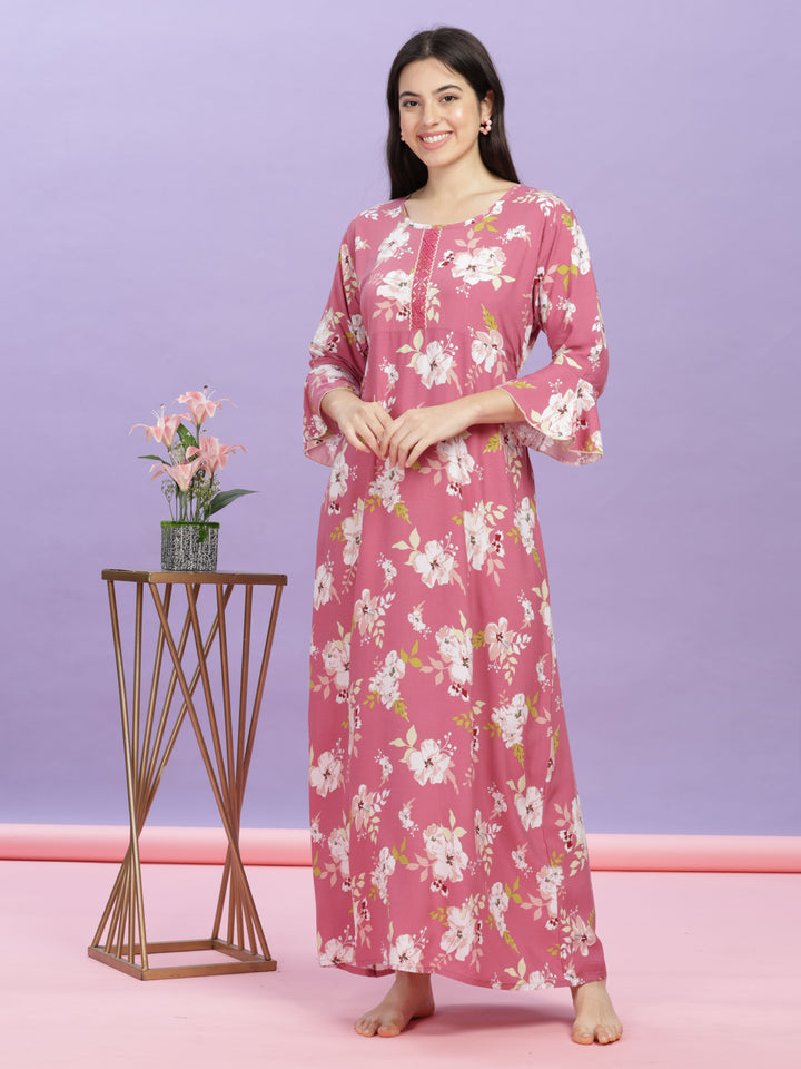 Pink Floral Rayon Designer Nighty for Women Online