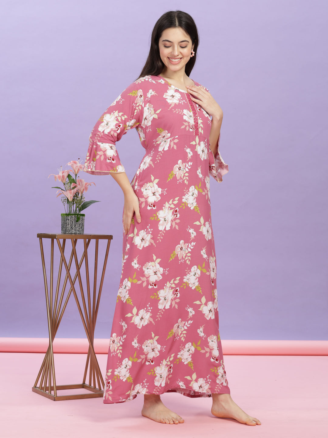 Pink Floral Rayon Designer Nighty for Women Online