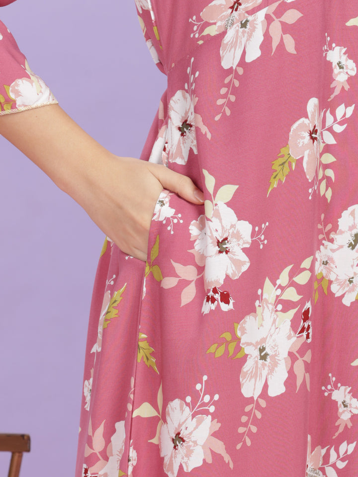 Pink Floral Rayon Designer Nighty for Women Online