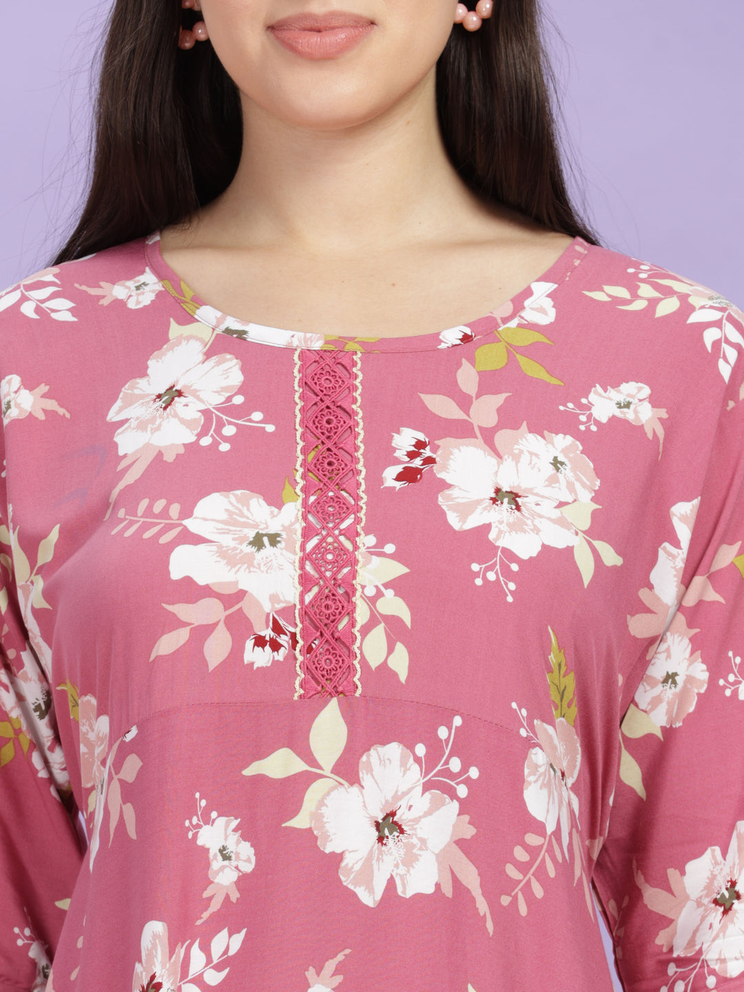 Pink Floral Rayon Designer Nighty for Women Online