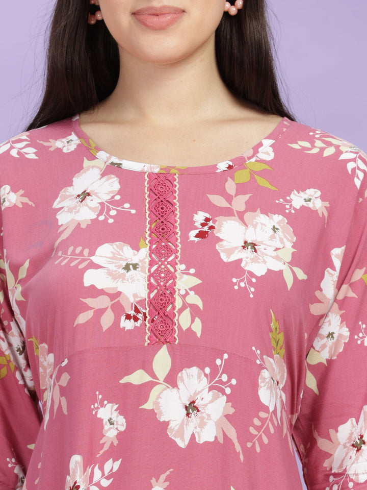 Pink Floral Rayon Designer Nighty for Women Online