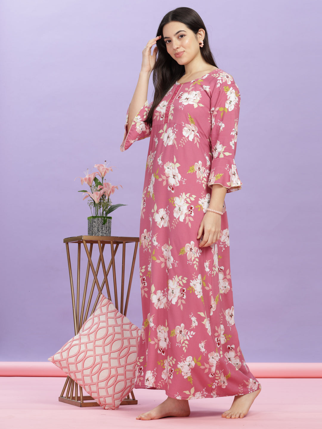 Pink Floral Rayon Designer Nighty for Women Online